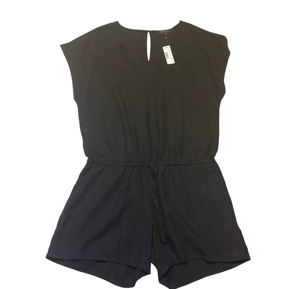 NWT J. Crew Black short Sleeve linen blend Waist Tie Utility Romper Jumpsuit XS